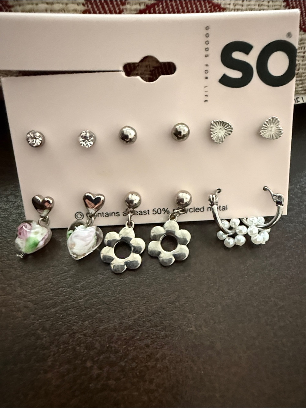 SO Silver-Tone Mixed Earring Set with Pink Floral Accents NWT